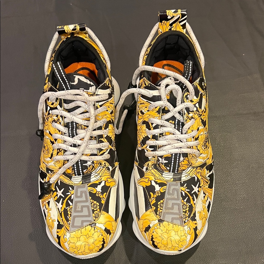 Versace Men's Black, Gold, and White Patterned Sneakers